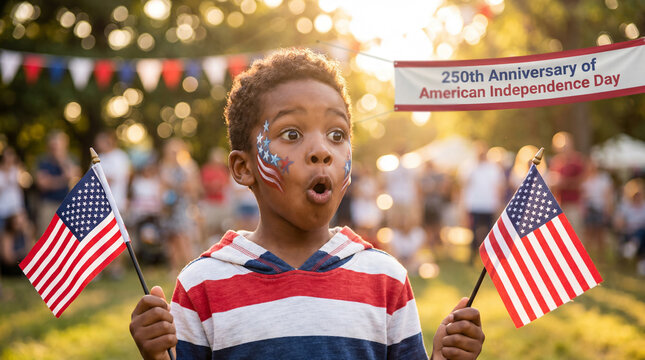 American Independence Day 250th Anniversary child cheek face paint holding flags surprised patriotic celebration expression for festive promotional marketing social media content