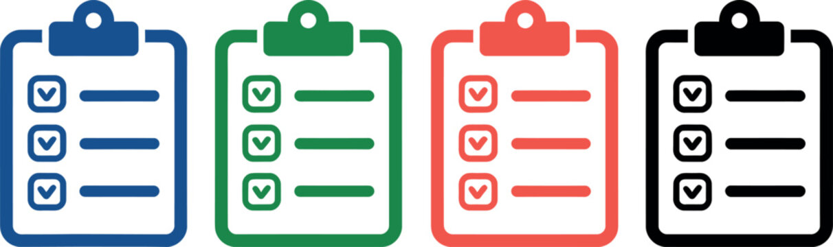 Colorful clipboards with checklists in blue green red and black on white background