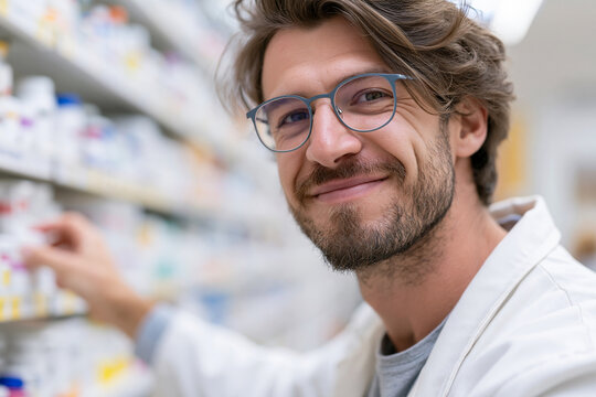 Pharmacist smiles gently, hand reaching for medicine. Bright glasses frame kind, professional eyes. White coat suggests expertise and trust. Shelves behind hold countless health options
