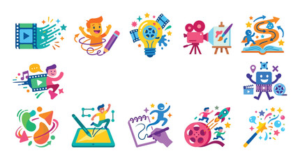 Fototapeta premium A vibrant collection of colorful icons representing creativity, innovation, and artistic expression across various media and activities.