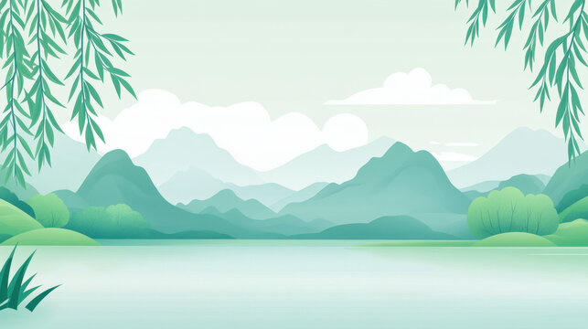 Landscape with mountains and ocean watercolor minimalist background