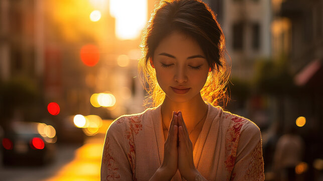 A woman praying with her hands clasped, sunlight gently illuminating her face, an intimate moment of gratitude