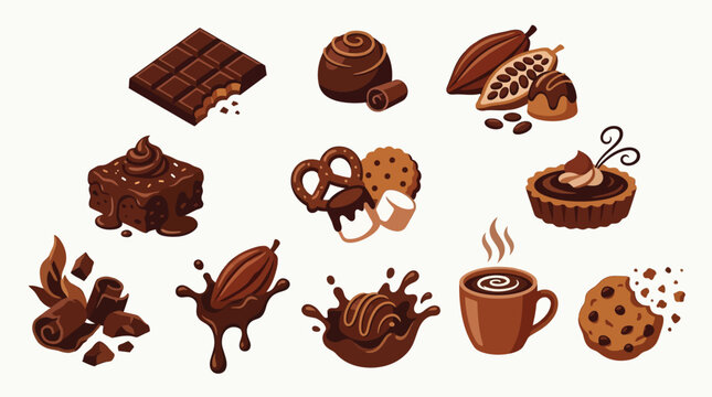 A delightful collection of various chocolate-themed desserts and treats, including a chocolate bar, truffles, brownies, cookies, hot chocolate, and cocoa beans.