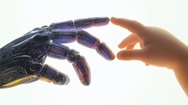 Child hand and robot fingers touching concept isolated art digital painting
