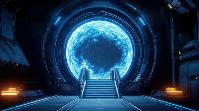Powerful futuristic tunnel technology fantasy digital illustration blue neon colors light upstairs