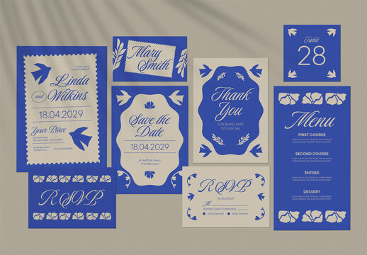 Blue Cream Simple Element Folk Wedding Invitation Set