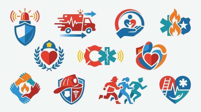 Collection of diverse emergency service and healthcare icons, including ambulance, medical symbols, firefighters, and rescue personnel.