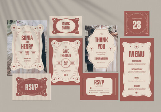 Cream Red Pastel Elegant Wedding Invitation Set