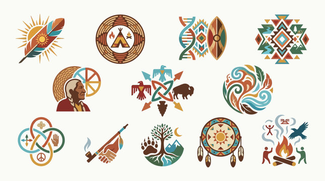 Collection of Native American cultural symbols and motifs, including feathers, dreamcatchers, animals, and geometric patterns.