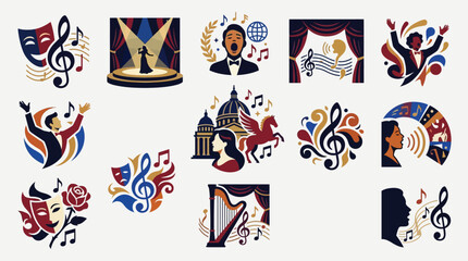 Collection of stylized illustrations representing various aspects of opera and classical music performance and appreciation. © tr