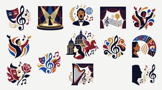 Collection of stylized illustrations representing various aspects of opera and classical music performance and appreciation.