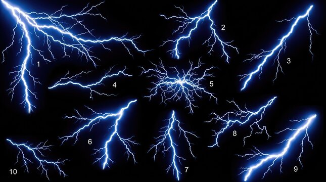 A collection of electric lightning bolts illuminating a dark sky. The bolts have a vibrant blue hue and a dynamic, energetic appearance.