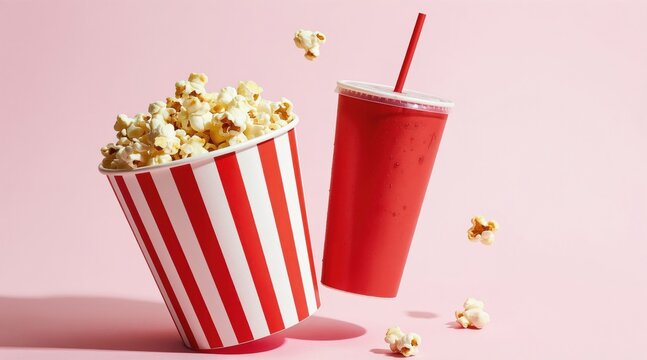 Popcorn bucket and red soda drink cup float mid air against pastel pink background. Classic movie snack items for entertainment and leisure. Fluffy corn kernels scattered around.