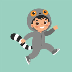 Happy child dressed in a cute lemur costume playing cheerfully. © alifia
