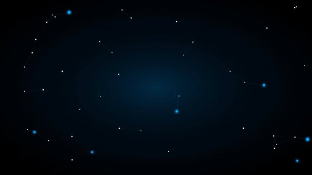 Glowing blue dots and thin connection lines form an abstract digital motion animation representing a complex global network data flow