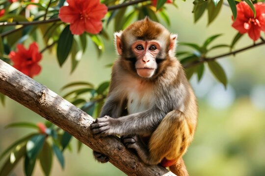 Young macaque monkey sits on a thick tree branch. Red flowers bloom on green branches. Small primate looks at camera with curious eyes. Cute animal in forest setting.