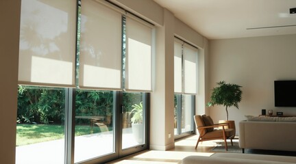 Fototapeta premium Sunlight streams through blinds in a modern living room with large windows overlooking a green garden. Minimalist decor includes a stylish armchair and sofa.