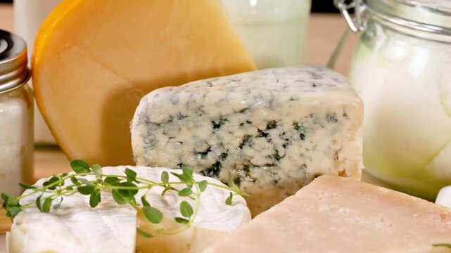 Assortment of gourmet cheeses and dairy products arranged on a wooden board, slow zoom out.