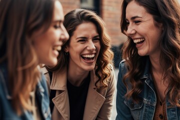 Obraz premium Three women laugh together outdoors. Friends share a funny moment while talking and smiling during a casual outing. They enjoy each others company outside.
