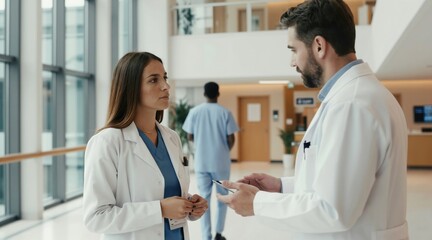 Obraz premium Doctor in white lab coat talks with colleague in hospital corridor. Medical workers discuss patient care near windows. Healthcare professionals communicate, share info.
