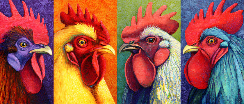 The Chicken Heads Quartet is presenting bright depictions of roosters and hens.