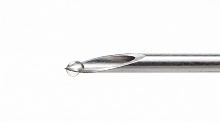 Fototapeta premium Macro Shot of Medical Hypodermic Needle Tip with Liquid Droplet Isolated on White