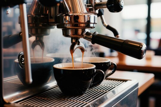 Espresso machine pours hot coffee into black cups. Steam rises from cups and machine. Barista prepares beverage in cafe. Hot drink is ready for serving. Enjoy morning caffeine.