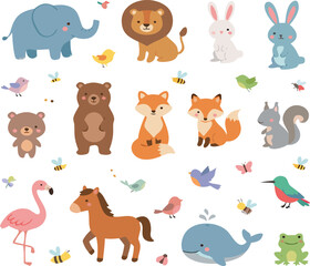 Obraz premium Cute animals and birds vector set with forest wildlife pets and insects, adorable cartoon collection for kids design