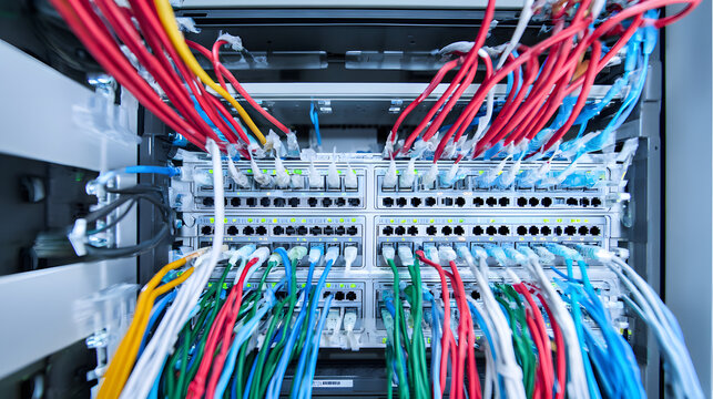 Network switches and cables in a modern server room data center.