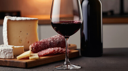 Naklejka premium Red wine in glass next to cheese and salami on wooden board. Bottle of wine stands beside charcuterie platter. Perfect for food blog recipes and culinary content creation.