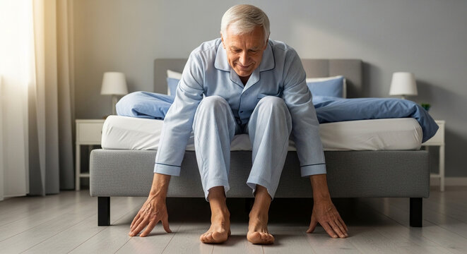 Senior man stretching his arms and legs while sitting on the edge of his bed in pajamas, morning routine