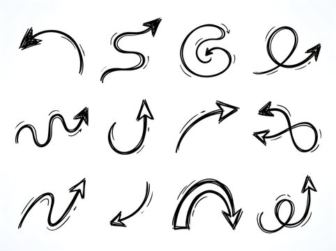 Hand-drawn directional arrows and pointers in a sketchy doodle style