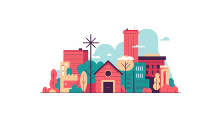 Fototapeta premium Modern Flat Vector Illustration of a Colorful Urban Cityscape