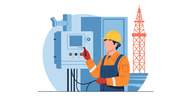 Industrial Engineer Operating Control Panel Vector Illustration