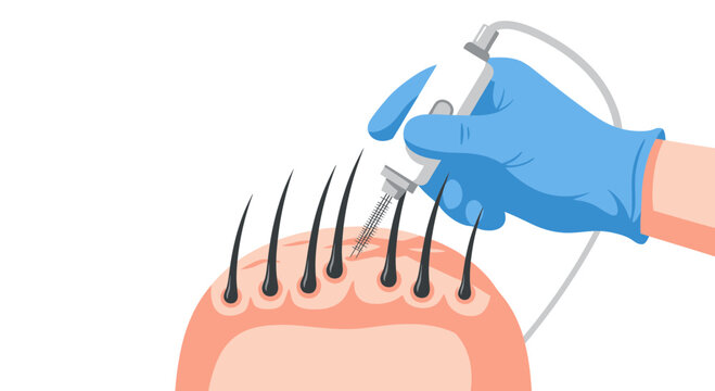 Hair Transplant Procedure Vector Illustration with Medical Device