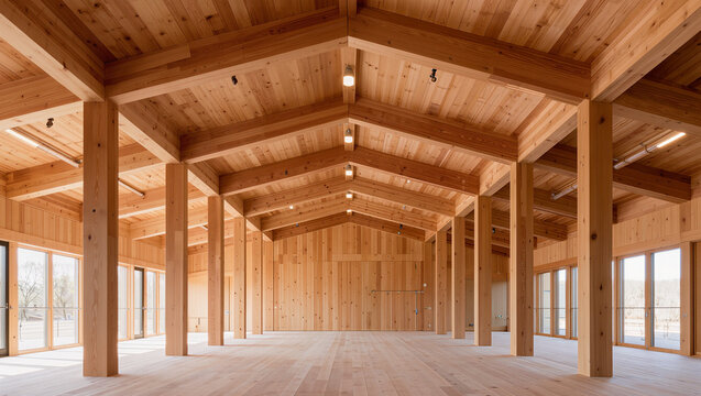 spacious wooden frame building interior, timber construction structure and clean natural architecture background