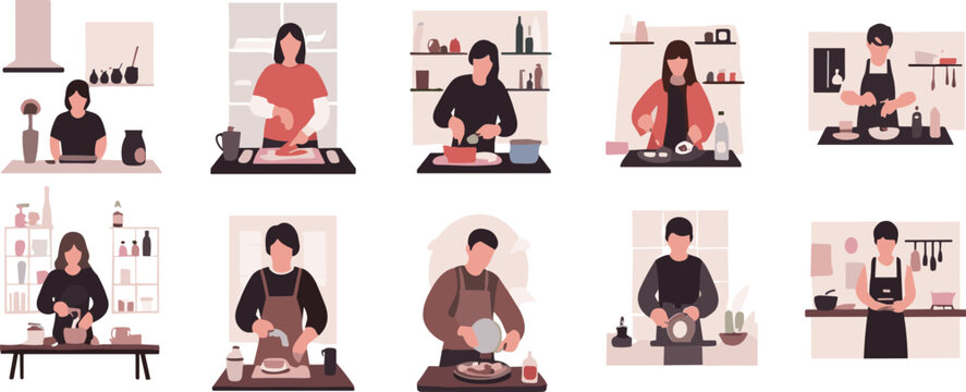 People cooking in kitchen vector set with home chefs preparing food, baking and meal preparation scenes