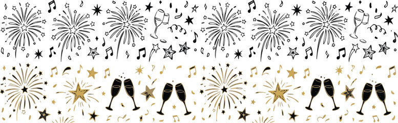 Seamless celebration fireworks pattern vector with champagne glasses stars confetti and music notes in black and gold © Sumon Creative