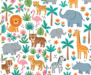 Naklejka premium Seamless jungle animals pattern vector with lion elephant giraffe tiger zebra flamingo and tropical plants background