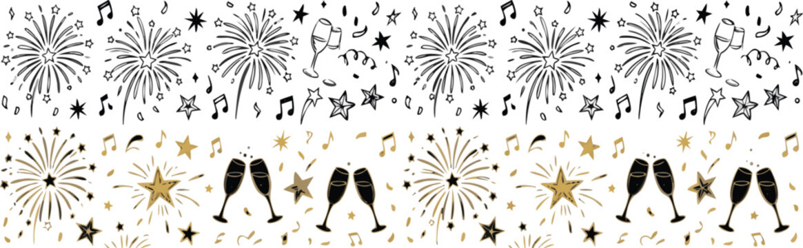 Seamless celebration fireworks pattern vector with champagne glasses stars confetti and music notes in black and gold