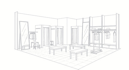 Architectural sketch of an interior room with furniture and windows. © Dika