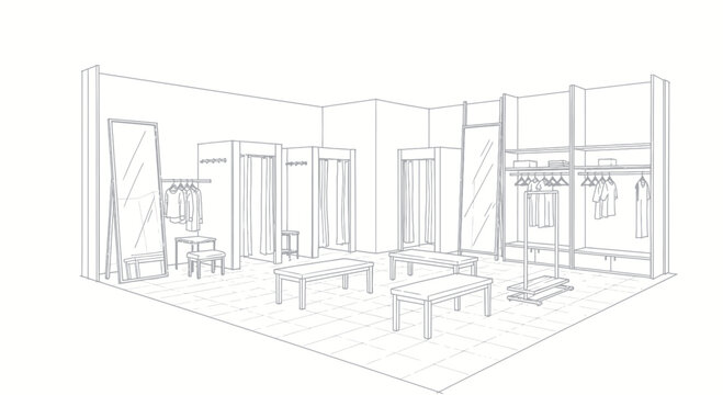 Architectural sketch of an interior room with furniture and windows.
