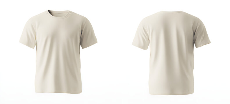 Cream t-shirt with regular fit from front and back sides. Photo for mockup. Blank t-shirt.