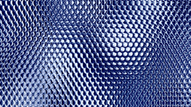 Seamless blue metallic grid wallpaper with a textured steel mesh design and abstract binary code dots for a high-tech vector background