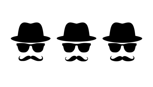 Three stylish silhouettes of hats, sunglasses, and mustaches.