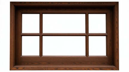 Fototapeta premium Brown wooden window frame with six panes set against white background. Classic design for home interior renovation or architectural modeling. Offers natural light and elegant perspective.