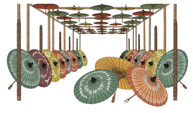Traditional Thai umbrella display with decorative parasols and cultural design vector illustration