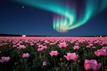 Naklejka premium Pink poppy flowers bloom under aurora borealis. Night sky displays northern lights over flower field. Magical nature scene with floral beauty and celestial phenomenon.