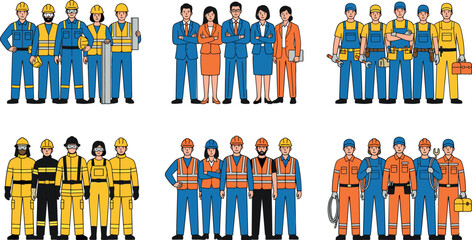 Diverse groups of professional workers including construction crews engineers business people and industrial staff in flat vector illustration style for workforce and career concepts. © MbBasir