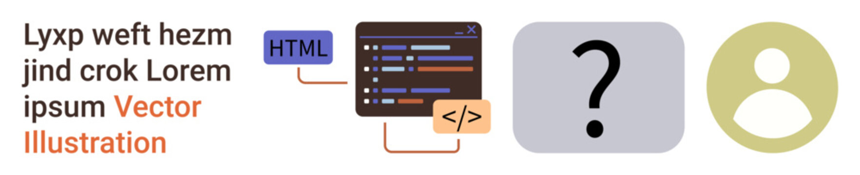 Web development, coding practices, user interface design, education, programming concepts, technology learning. A code block, question mark and user icon. Web development and coding practices